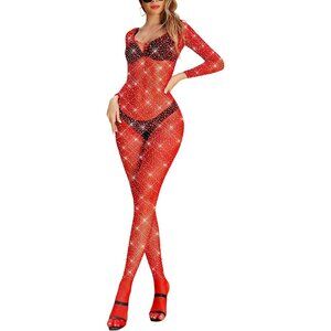 🆕Women Red Classic Fishnet Body Stocking Lingerie Sparkle Stocking One Piece